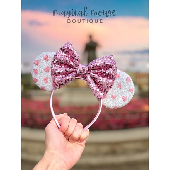 Valentine’s Pink Hearts Sequin Minnie Ears – Disney-Inspired Mouse Ears Headband - Picture 6 of 6